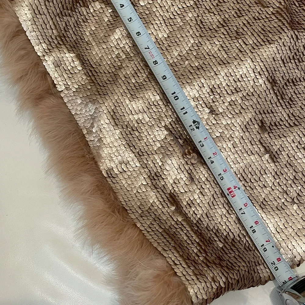 Ostrich feather gold sequin soft beige hem shift dress luxury danceNWT (12) CECE